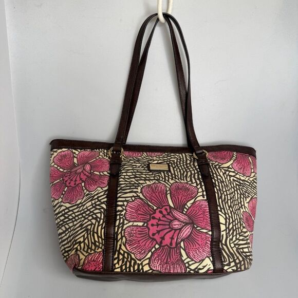 Tommy Hilfiger Pink Floral Canvas Tote Bag Brown Leather Accents 17"x10"x5" EUC - Picture 2 of 16